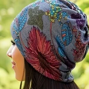 Boho Floral Patterned Beanie With Black Backround